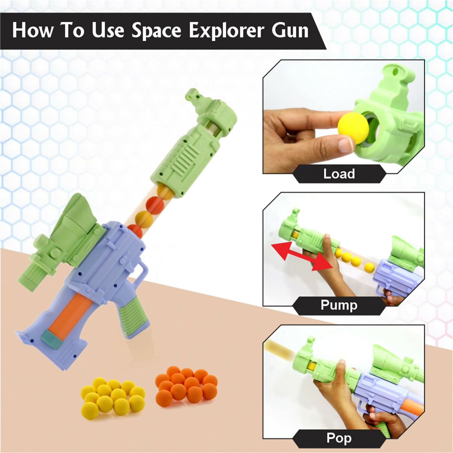 Set of 12 orange and 12 yellow soft foam balls included with the Aditi Space Explorer Gun