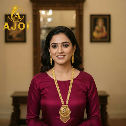 Close-up of statement pendant on Kundan Long Necklace Set with ornate gold-toned filigree and colorful enamel highlights