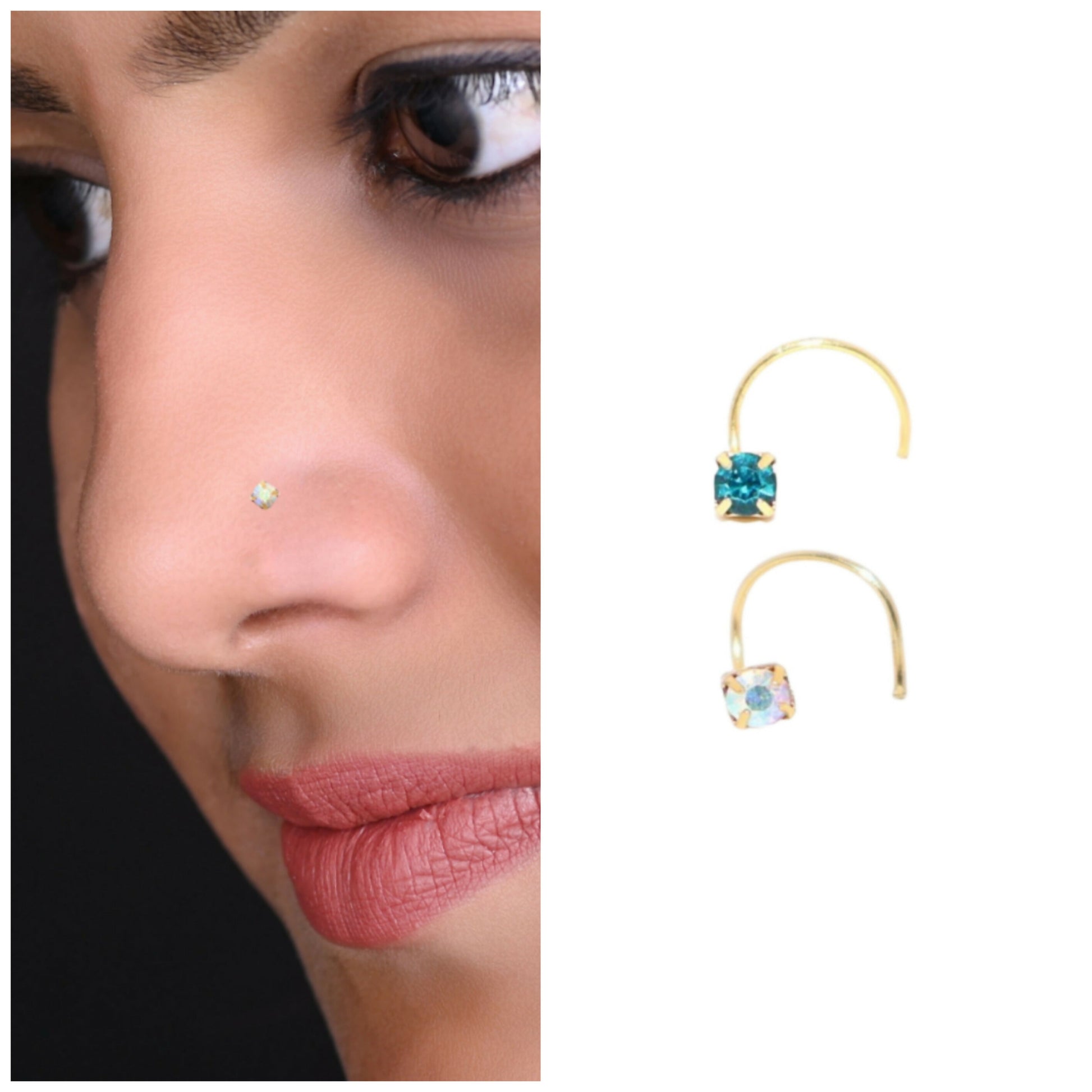 Close-up of gold plated nosepin showing sparkling square blue stone and curved hook