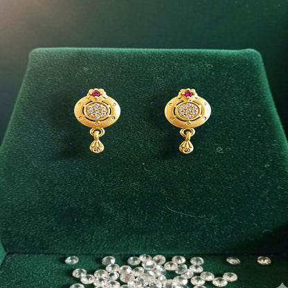 Gold-Plated Circular Pendant Necklace with Matching Drop Earrings – Floral Diamond & Ruby Accents