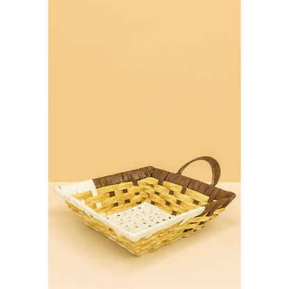 Handcrafted Rectangular Woven Storage Basket – White, Beige & Brown Multipurpose Decorative Organizer with Handle for Fruits, Bread, Snacks, Dry Fruits, Gift Hampers & Table Décor