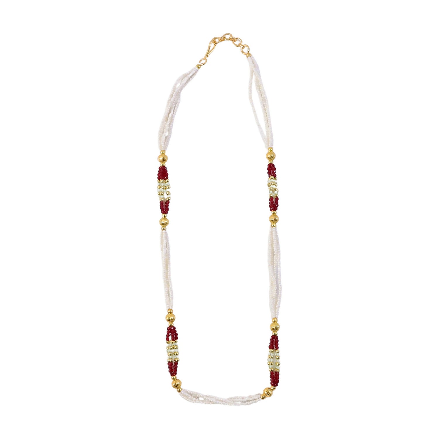 Handmade Multi Strand Pearl Beaded Mala Necklace Red Gold Ethnic Jewelry for Women