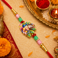 Spiritual Little Bal Gopal / Krishna with Peacock Feather Motif Designer Rakhi for Brother
