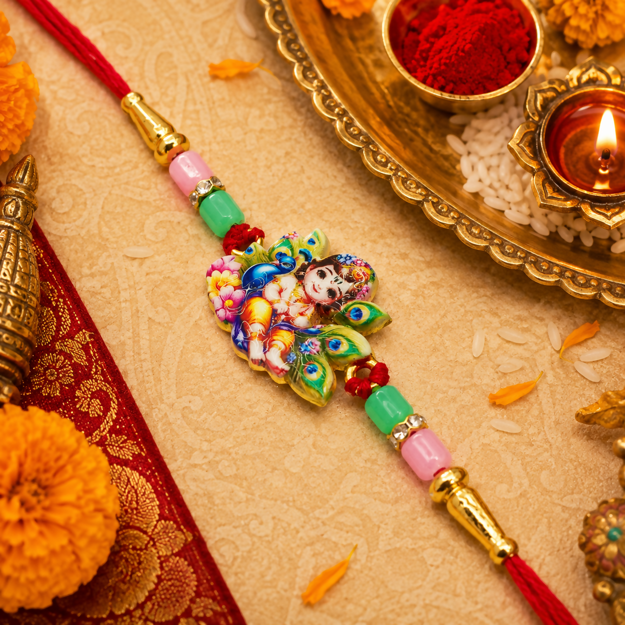 A colorful Rakhi with a Lord Krishna motif and peacock feathers is surrounded by traditional Hindu ceremonial items.
