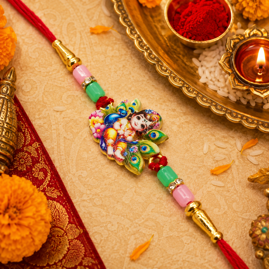 A colorful Rakhi with a Lord Krishna motif and peacock feathers is surrounded by traditional Hindu ceremonial items.