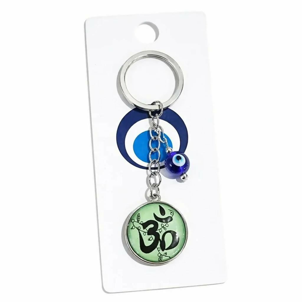 Om Symbol Keychain with Evil Eye Charm Metal Key Holder