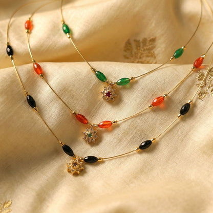 Multicolor Bead Gold Necklace with Elegant Floral Pendant (3Pc/Set)