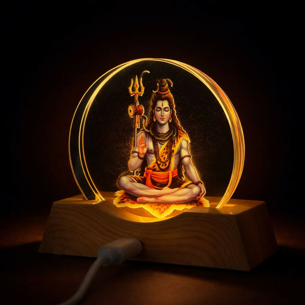 LED Lord Shiva Acrylic Lamp with Wooden Base Spiritual Decor