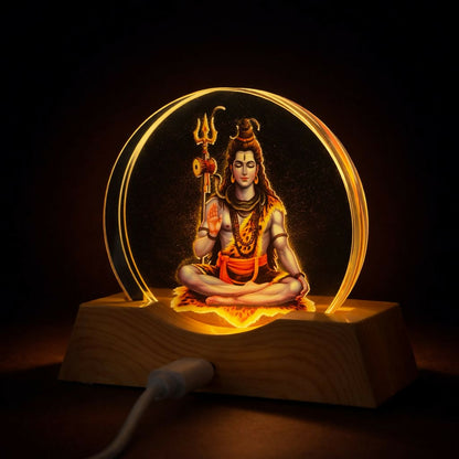 LED Lord Shiva Acrylic Lamp with Wooden Base Spiritual Decor