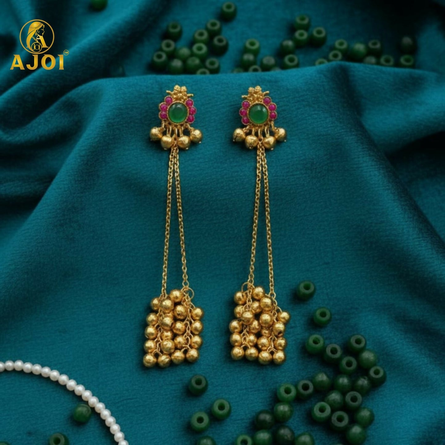 Gold-plated ear cuff chain earrings showing temple-style motifs and ghungroo clusters