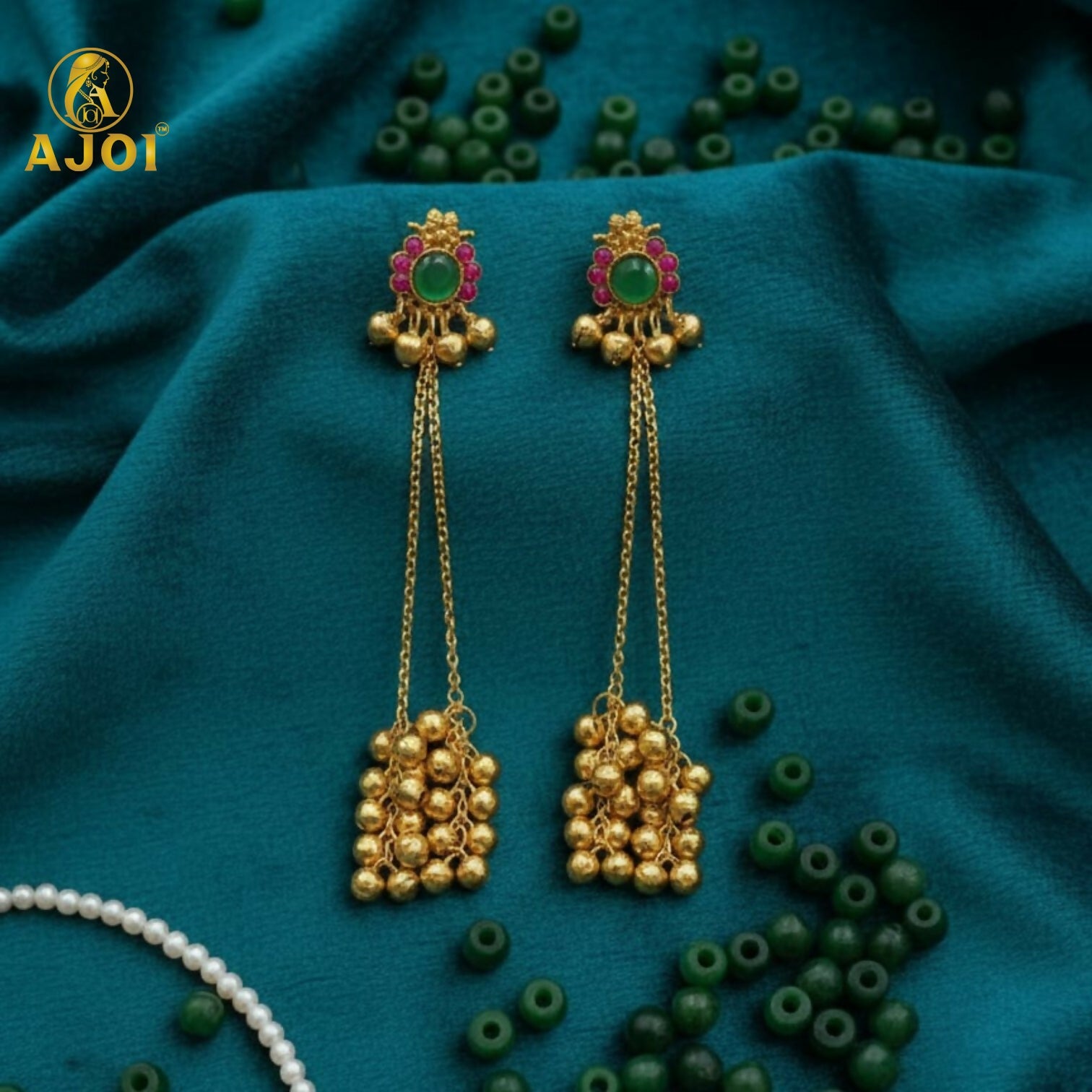 Gold-plated ear cuff chain earrings showing temple-style motifs and ghungroo clusters