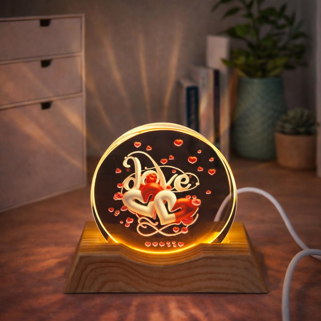 Love Double Heart Acrylic LED Lamp with Wooden Base Romantic Gift Light