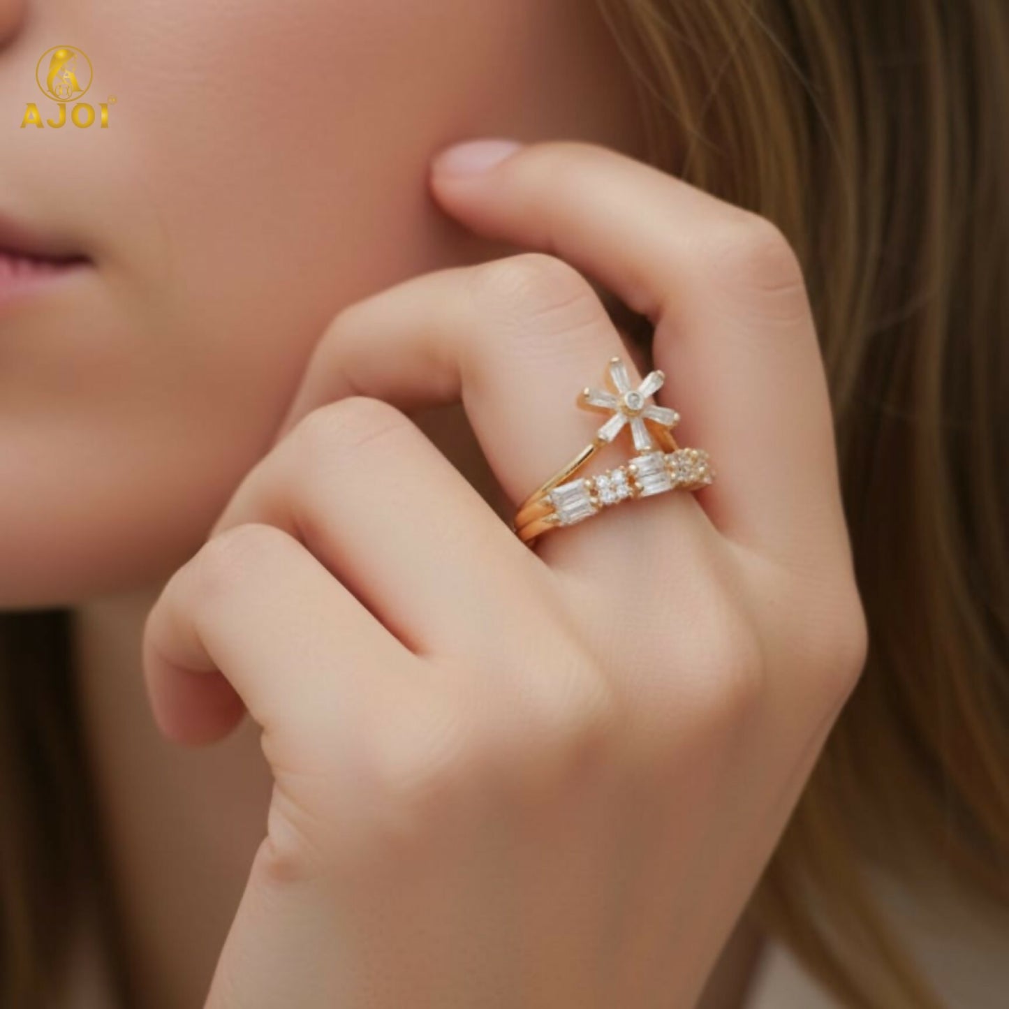 Premium Gold Plated Crown & Floral Crystal Ring for Women
