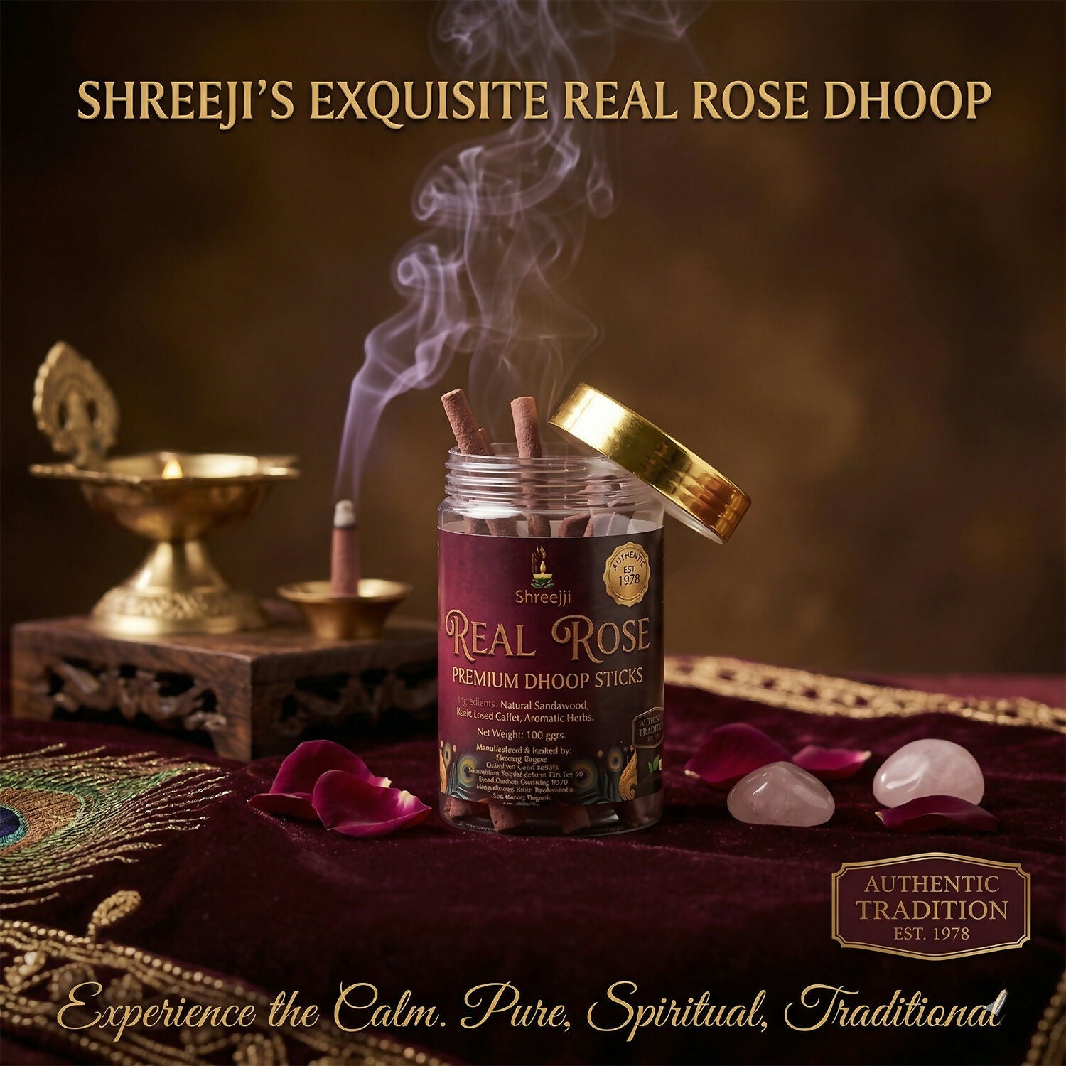 Shreeji Real Rose Premium Dhoop Sticks packaging and jar