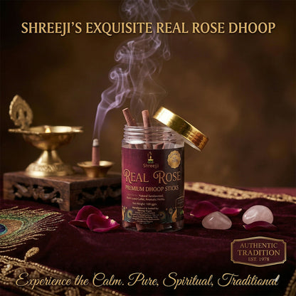 Shreeji Real Rose Premium Dhoop Sticks packaging and jar