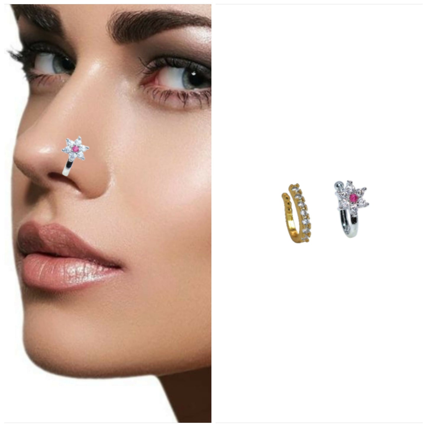 Set of non-piercing crystal flower and CZ gold silver nose clips