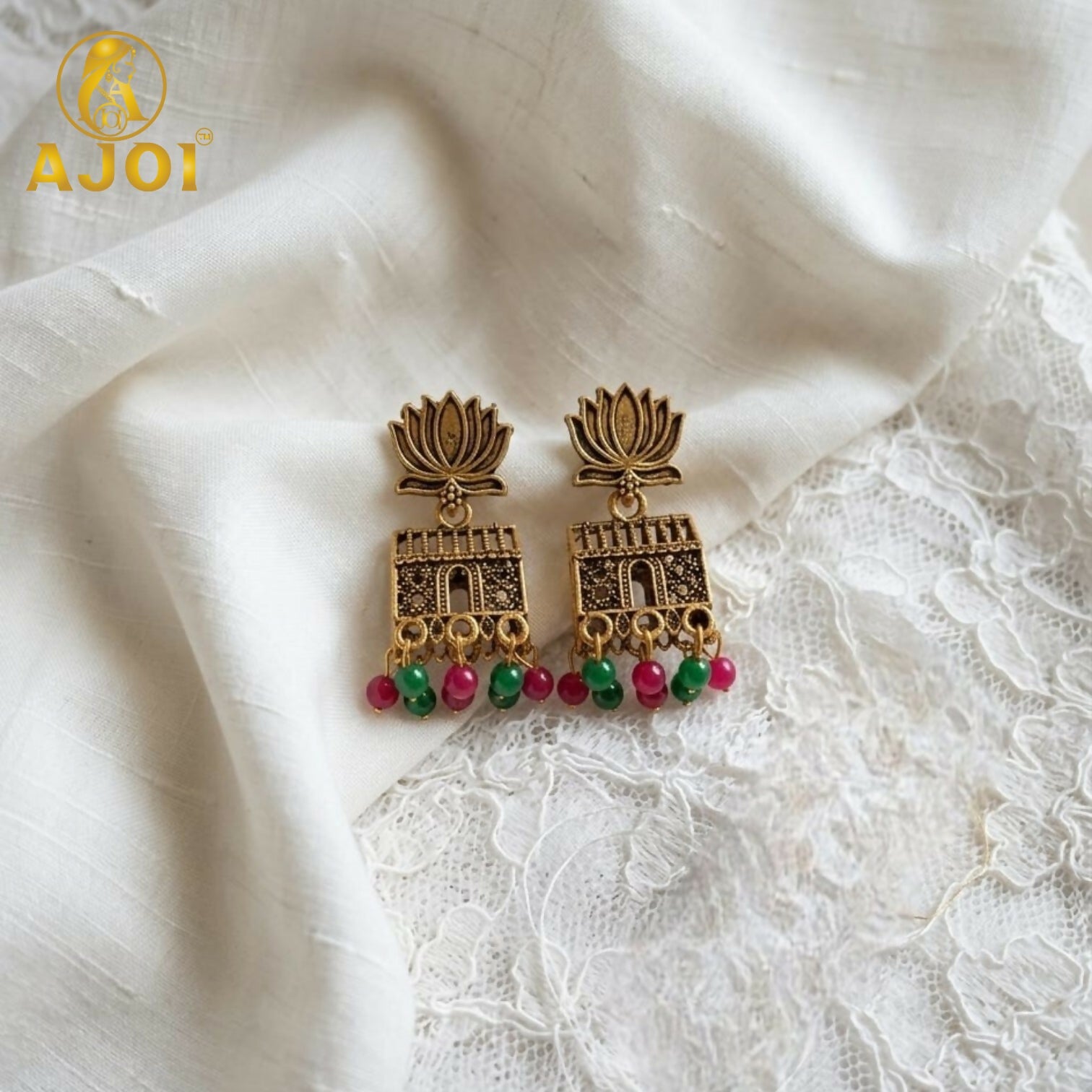 Antique Gold Lotus Temple Earrings with Pink & Green Beads