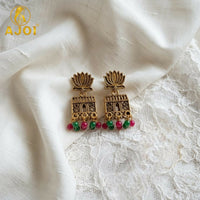 Antique Gold Lotus Temple Earrings with Pink Green Beads (1 Pair)