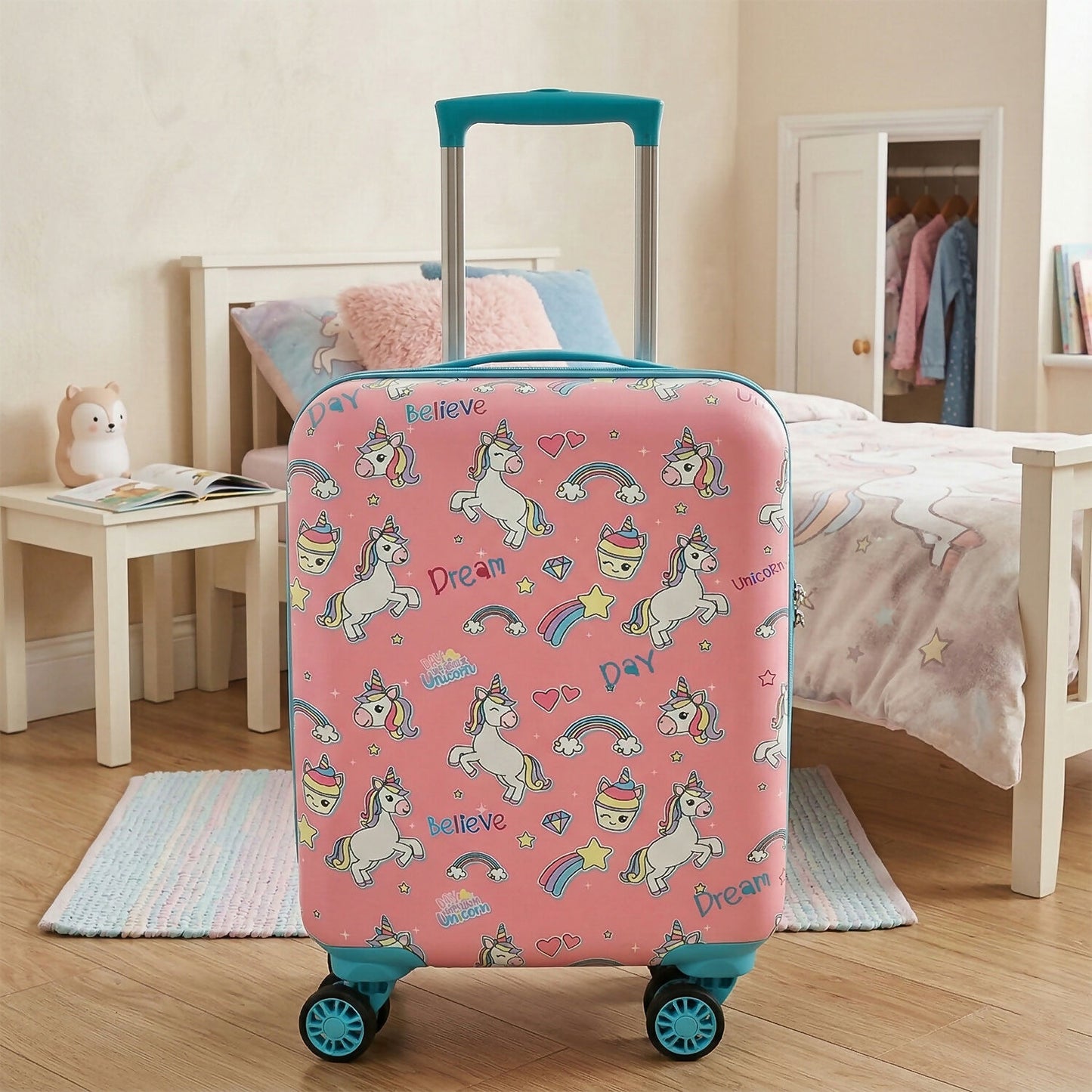 Front view of Novex Unicorn Pink Kids 18-inch trolley bag with playful unicorn design
