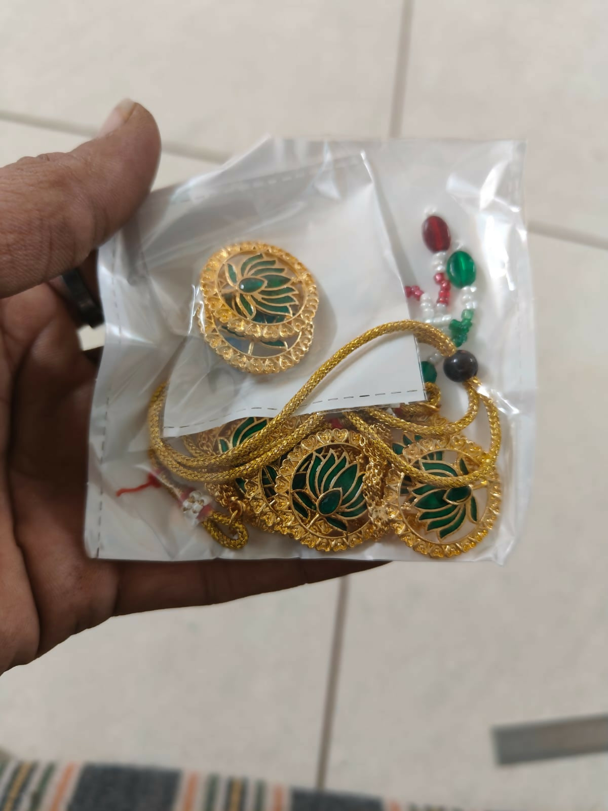 Gold-Tone Ruby-Green Floral Choker with Pearl Drops