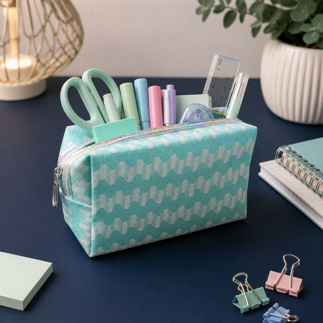 Floral patterned zipper organizer pouch for cosmetics and stationery