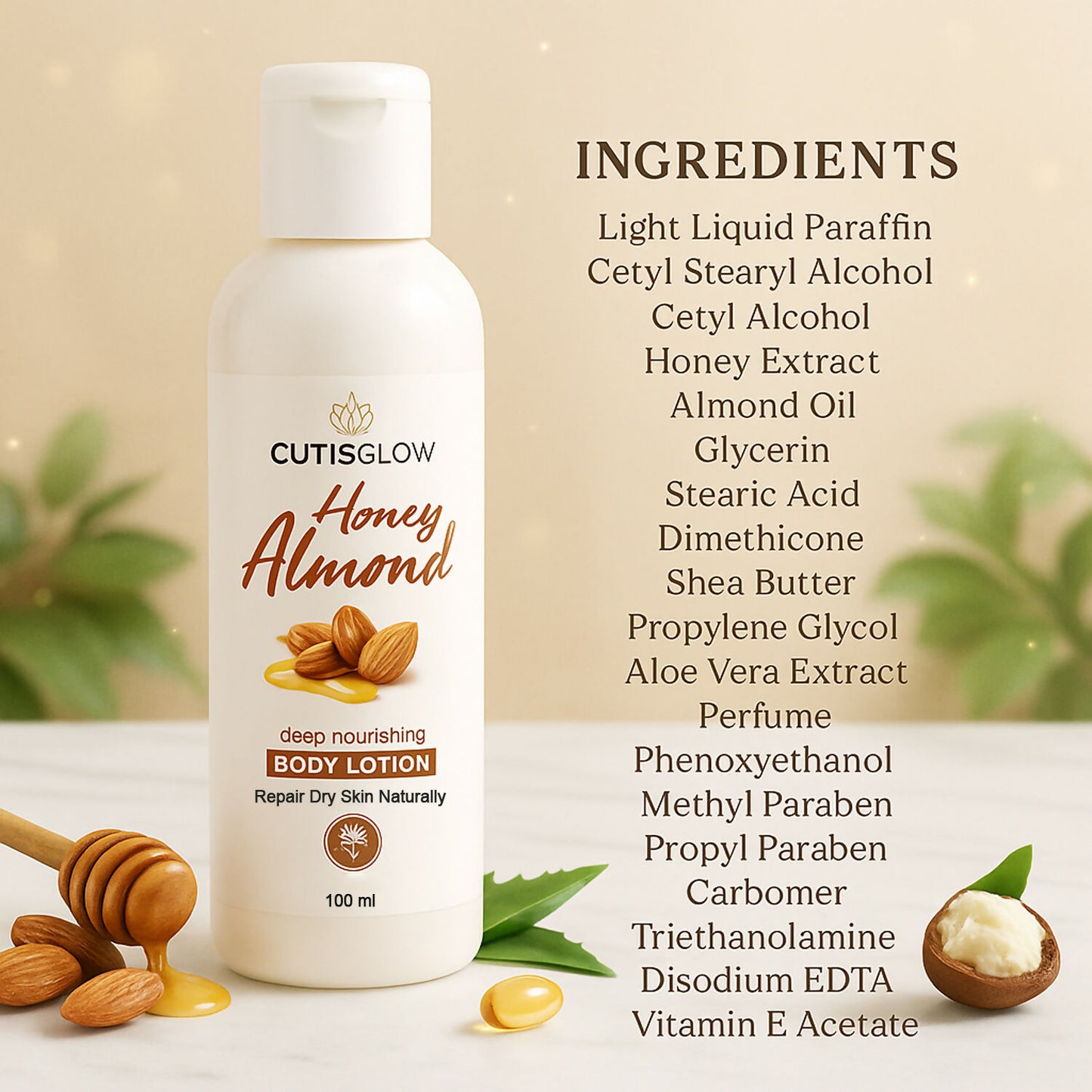 Eyelet CutisGlow Honey Almond Deep Nourishing Body Lotion – Moisturizing & Skin Repair Formula for Dry Skin with 24-Hour Hydration (100ml)