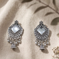 Floral Silver-Tone Jhumka Earrings with White Square Accents and Bead Drops for Festive Styling