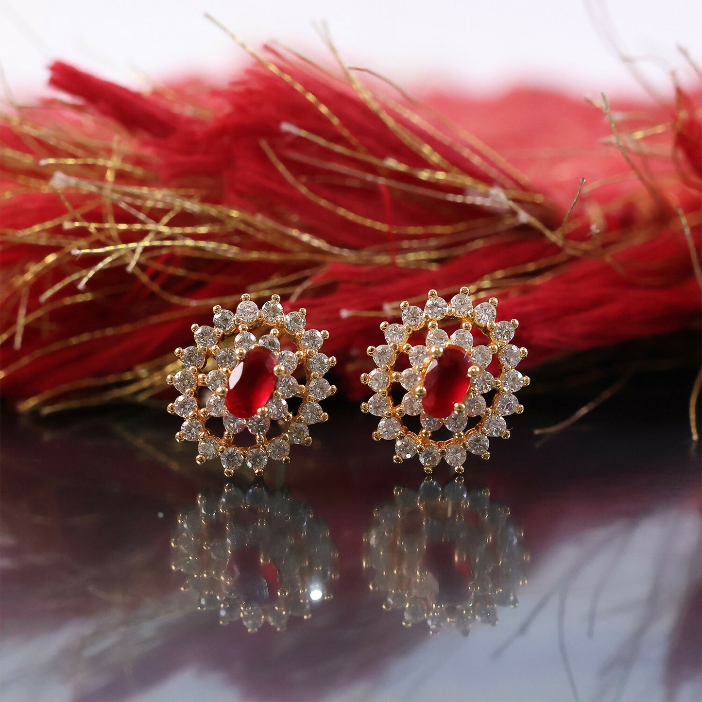 Elegant Red CZ Stone Stud Earrings with Gold Finish for Party, Wedding & Daily Wear