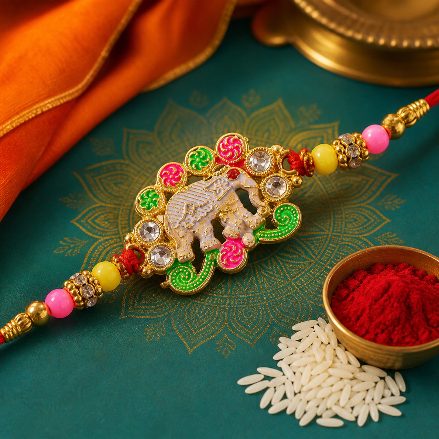 Festive Rakhi featuring Elephant Charm and gold trims in display look for Gift Use