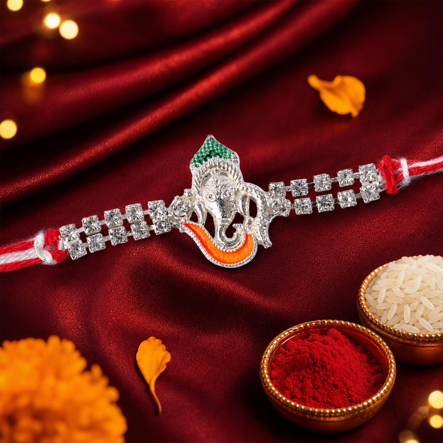Traditional Rakhi showcasing Ganesha Charm, red stone accents and gift look for Gift