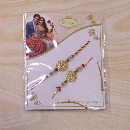 Round Mandala Stone Bhai Bhabhi Lumba Rakhi with Pearl Chain Detail