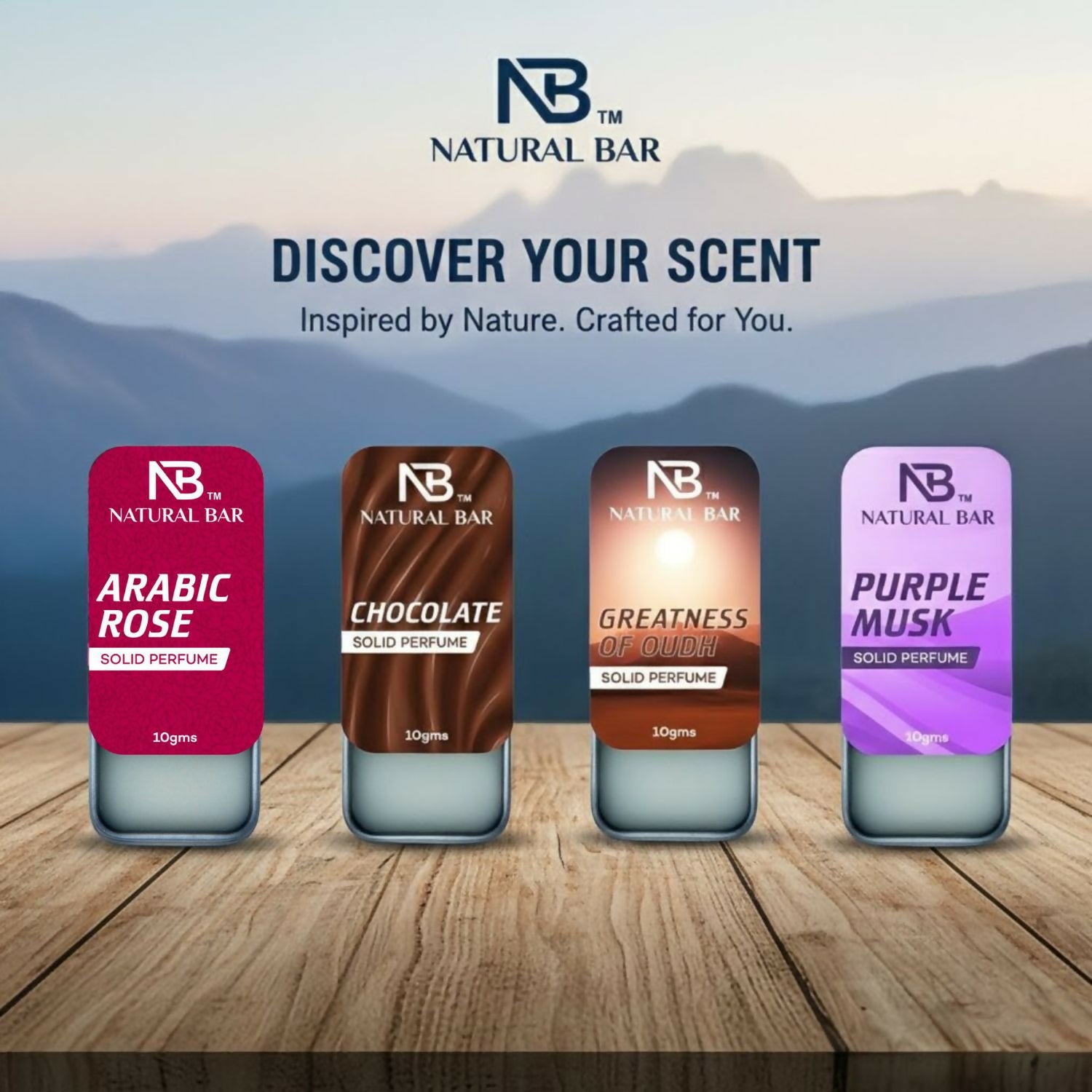 Solid perfume combo featuring Millennium, Purple Musk, CR7, and Fresh Buds with alcohol-free formula