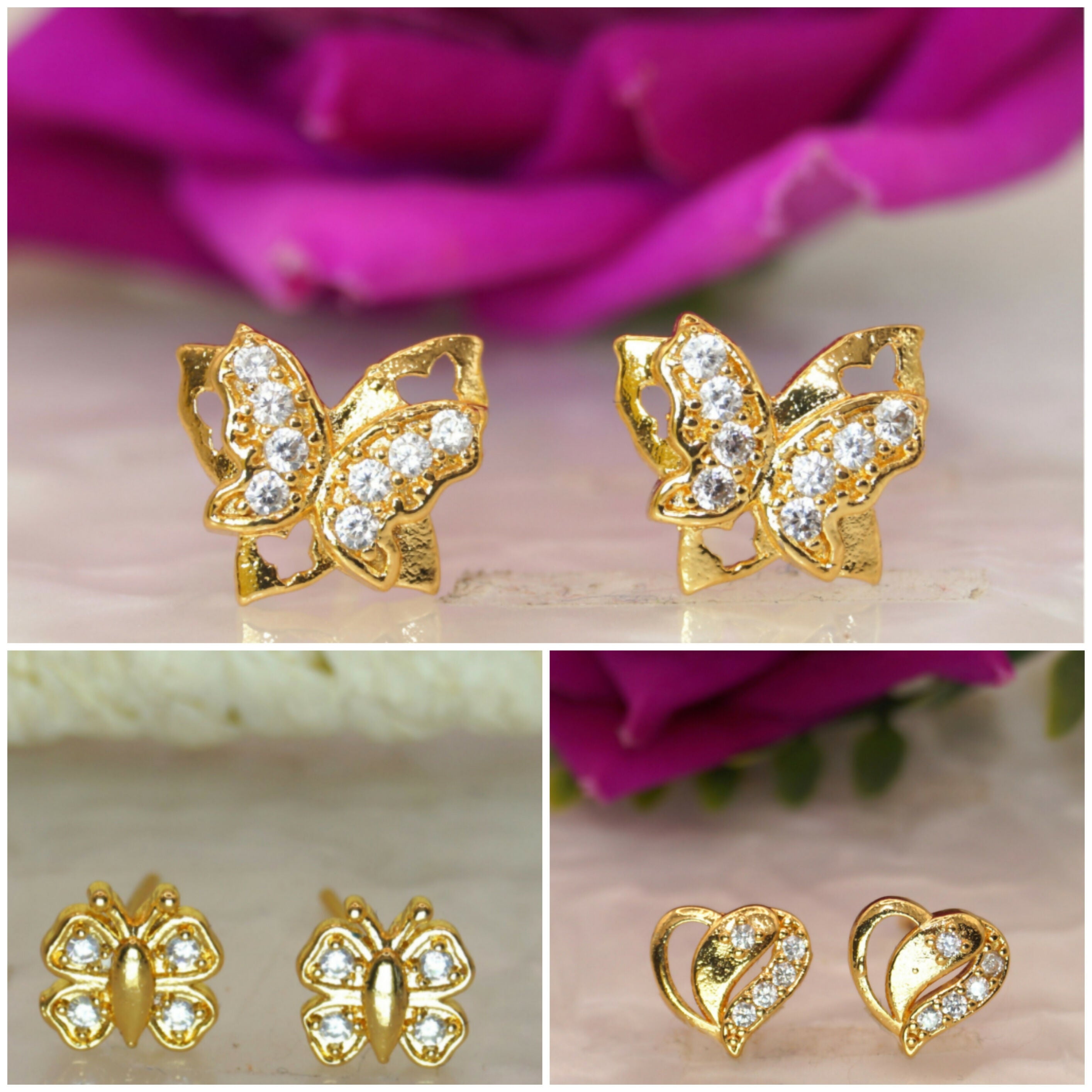 "Gold Butterfly & Heart Stud Earrings AD for women and girls Combo Pack of 3