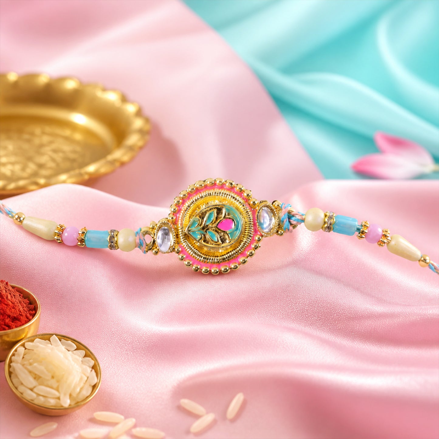 Round Floral Kundan Medallion Rakhi with Pastel Beads