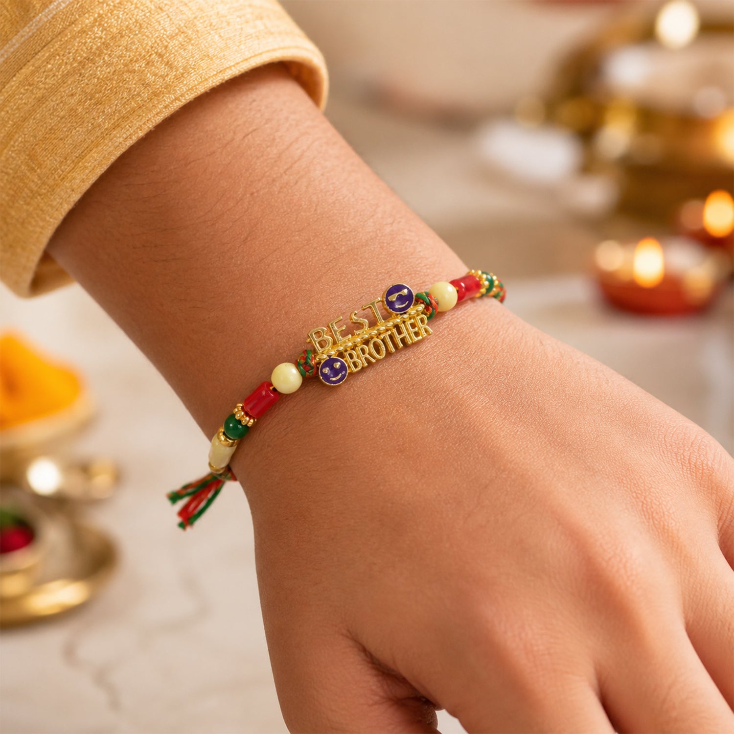 Best Brother Text Charm Rakhi with Pearl and Multicolor Beads