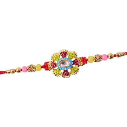 Premium Rakhi with Ornate Floral Medallion and bead line in chain look for Gift Use