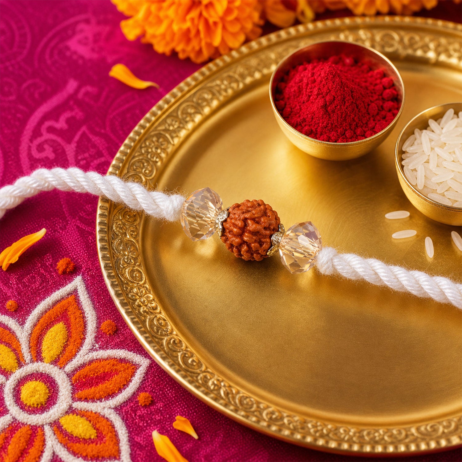 White Thread Rakhi with Rudraksha Bead and Sparkling Crystal Accents