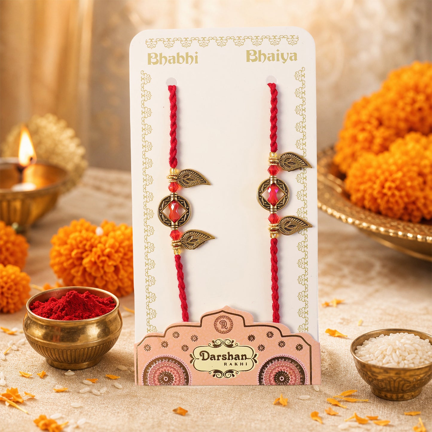Couple Rakhi Set with Red Thread, Amber Stone, Leaf Charms and Gold Beads