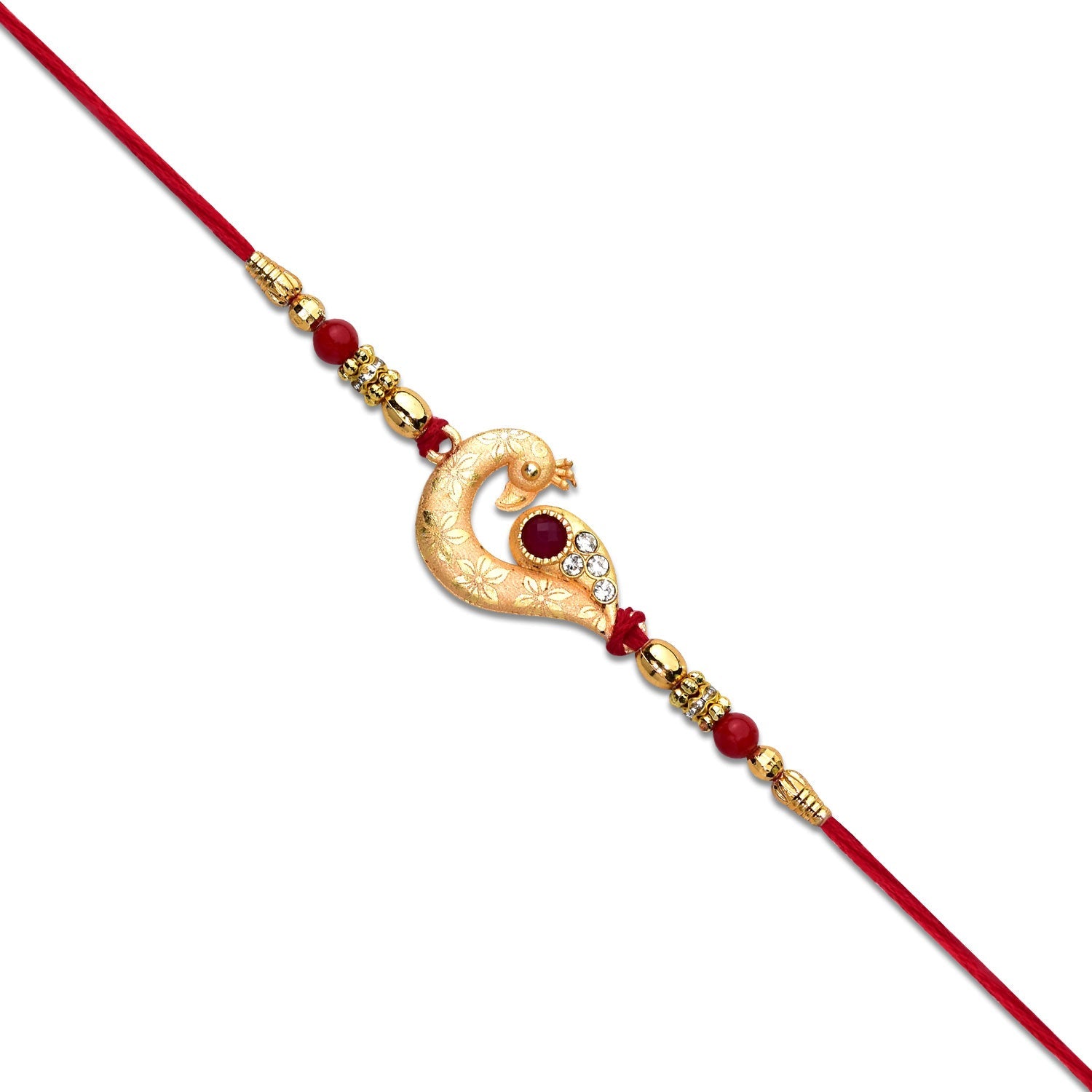 Peacock Feather Rakhi, Golden & Kundan Detailed Red Thread (10pcs)