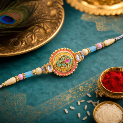 Round Floral Kundan Medallion Rakhi with Pastel Beads