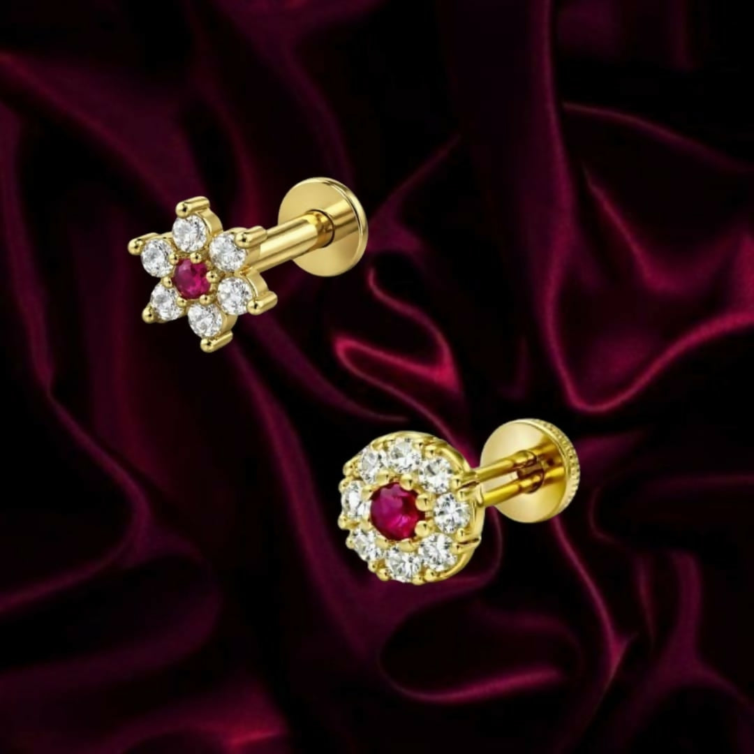 Gold plated floral nosepin stud with ruby center and diamond halo for women