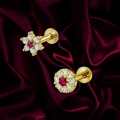 Gold plated floral nosepin stud with ruby center and diamond halo for women