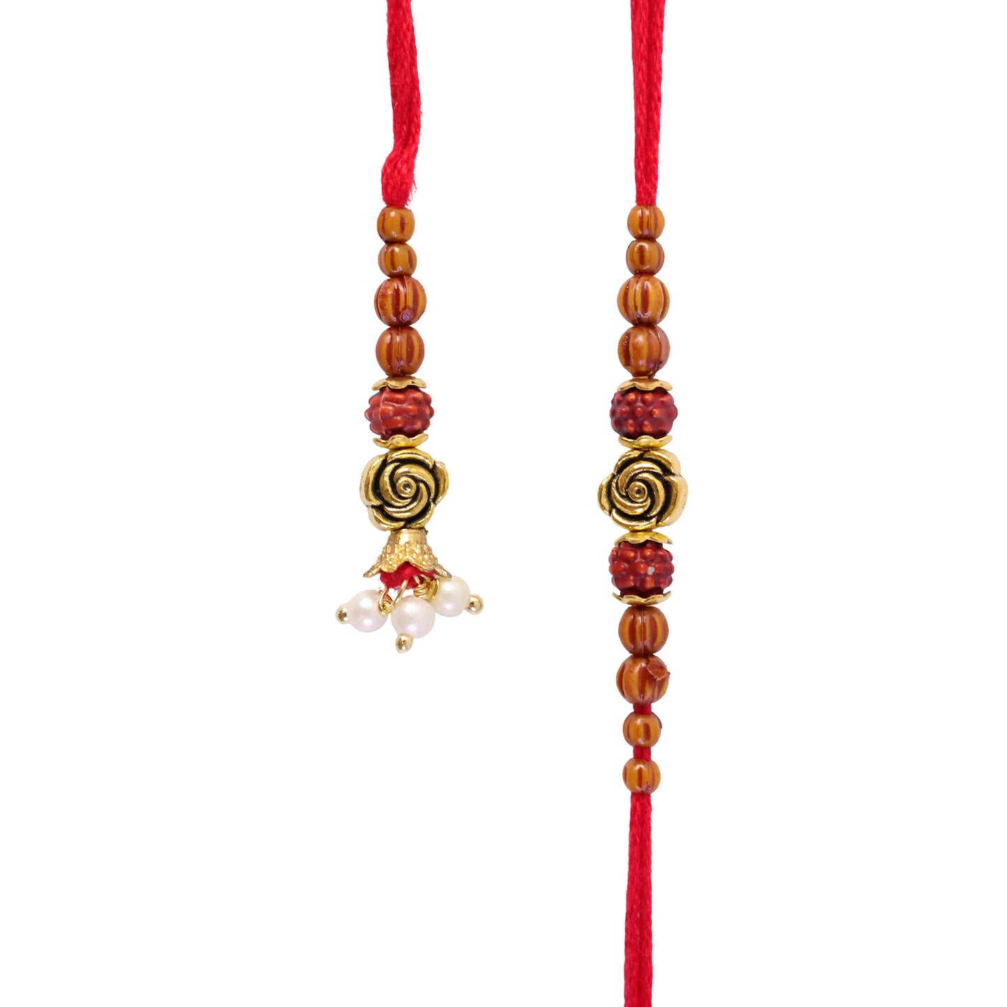 Antique Rose Couple Rakhi Set with Amber Beads and Pearl Drops for Raksha Bandhan