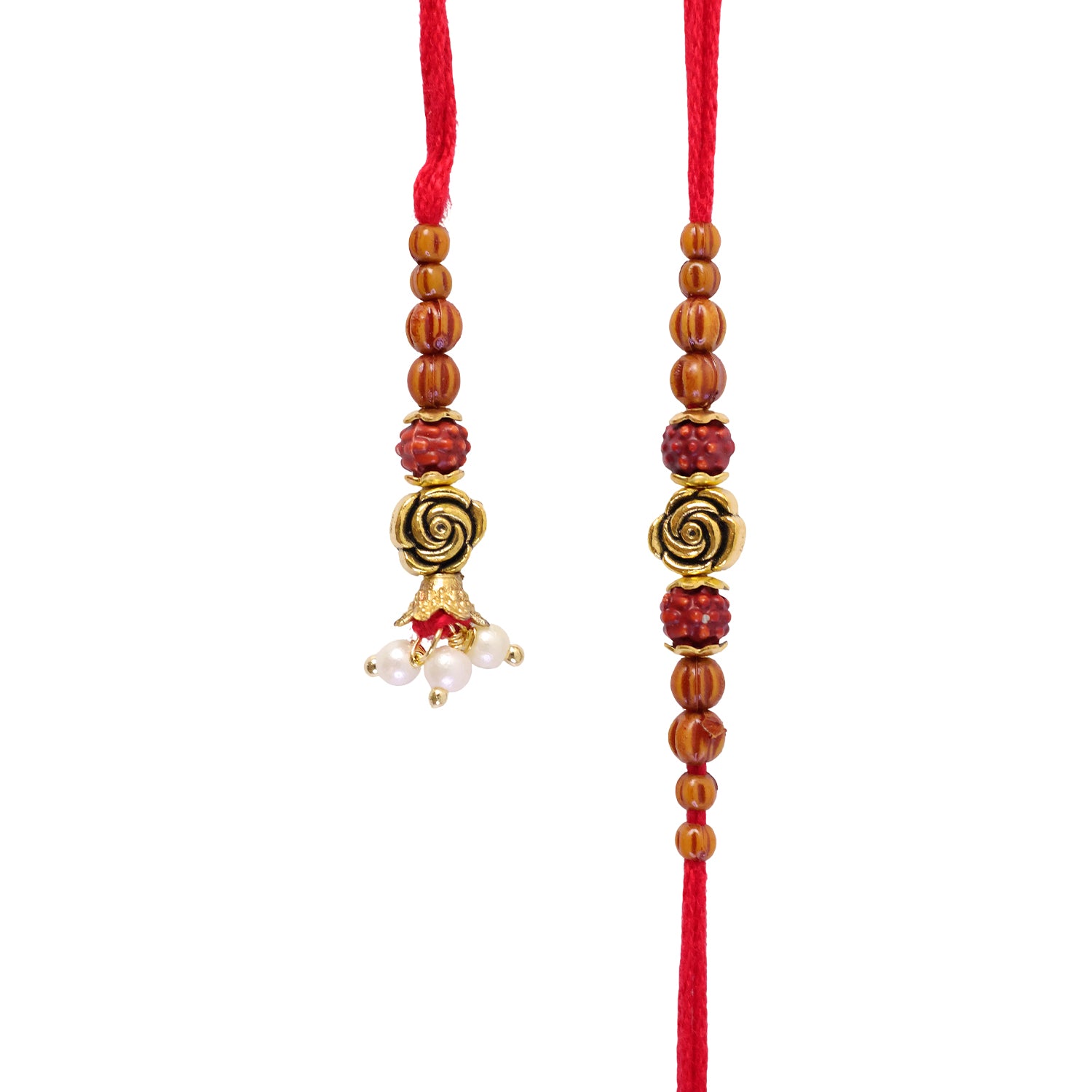 Antique Rose Couple Rakhi Set with Amber Beads and Pearl Drops for Raksha Bandhan
