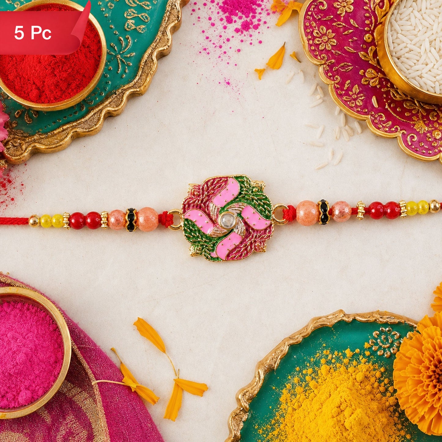 Round Swastik Stone Kundan Rakhi for Brother (5pcs)