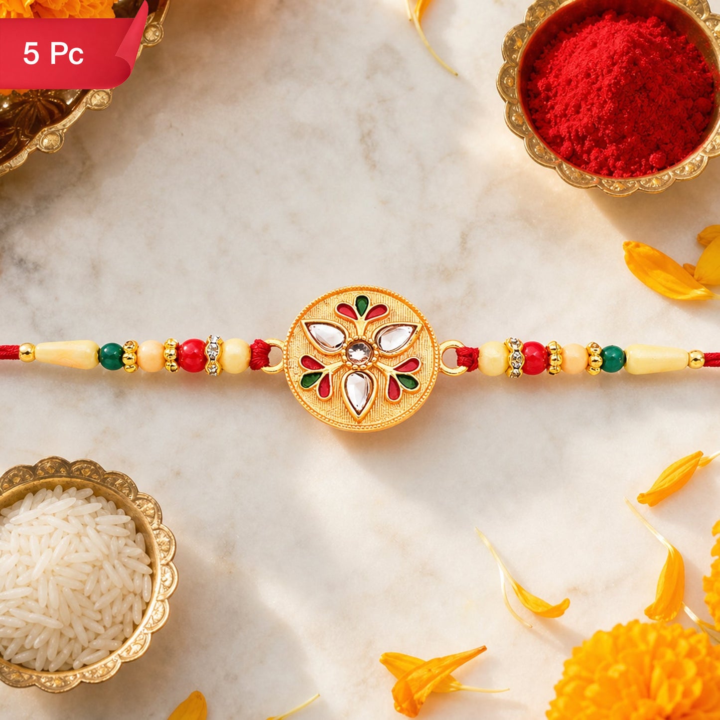 Kalash Rakhi Sacred Design with Embellished Beads & Red Thread (5pcs)