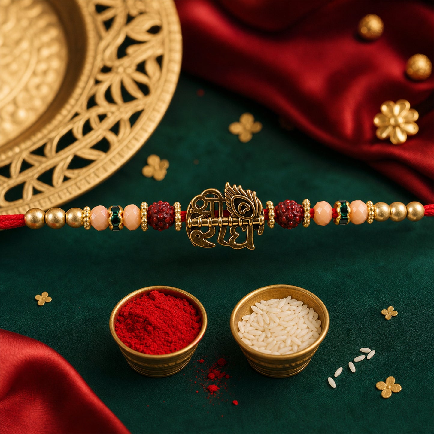 Red Thread Rakhi with Antique Gold Radhe Pendant and Peacock Feather
