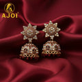 Kundan Jhumka Earrings – Traditional Gold Plated with Red Bead Drops