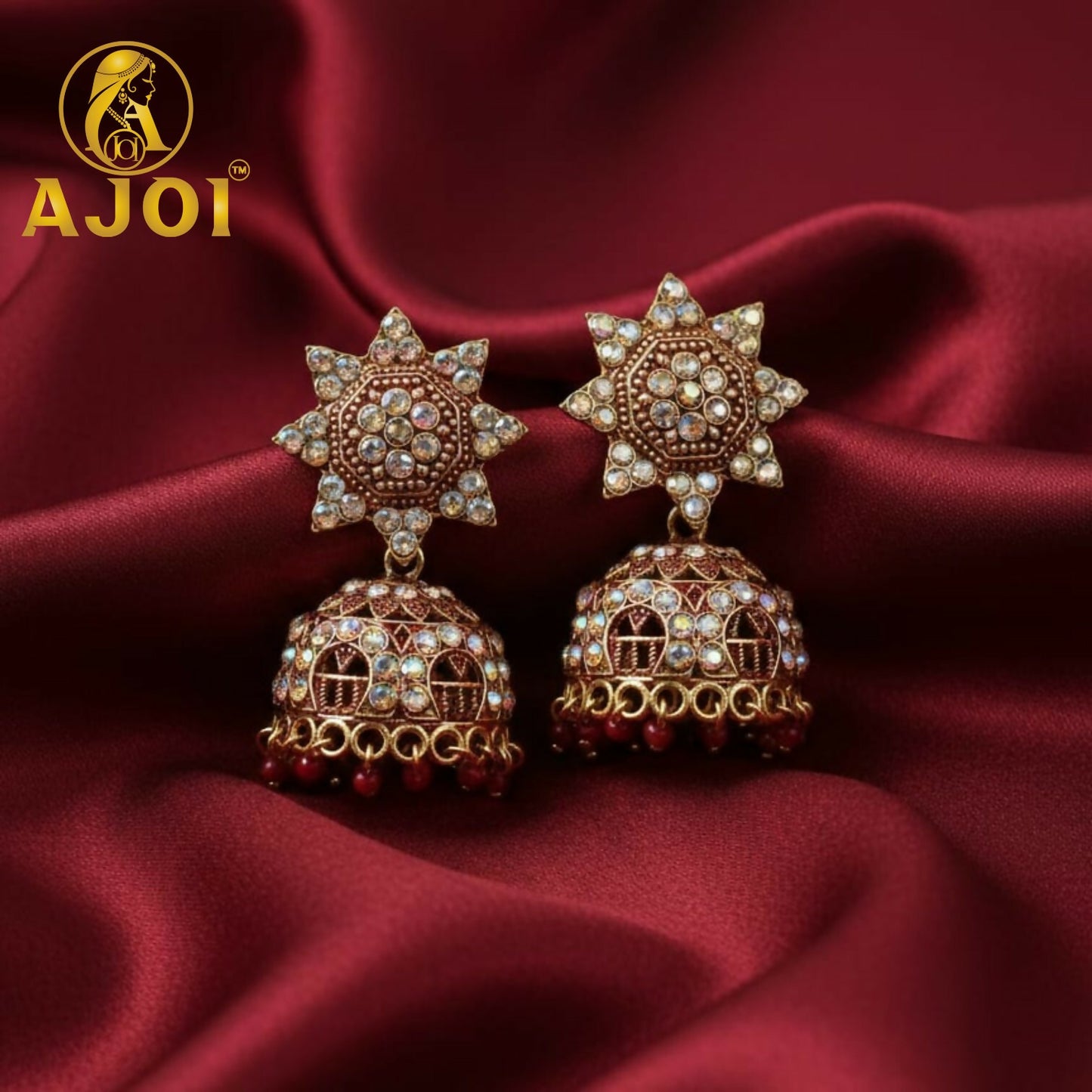 Traditional Gold Plated Kundan Jhumka Earrings with Red Bead Drops