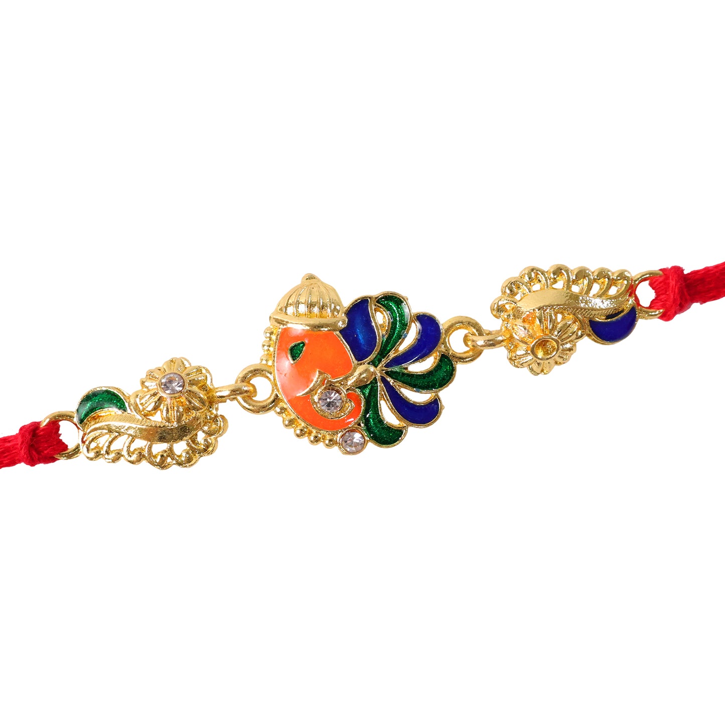 Gold-Toned Lord Ganesha Rakhi with Peacock Feather Enamel, Crystal Accents & Designer Red Thread